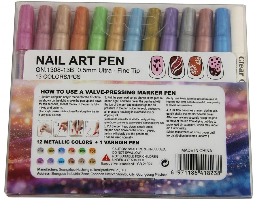Set de Nail Art Métallique Guangna – 12 Couleurs + 1 Stylo de Fixation (Soft Luxury Metallic)