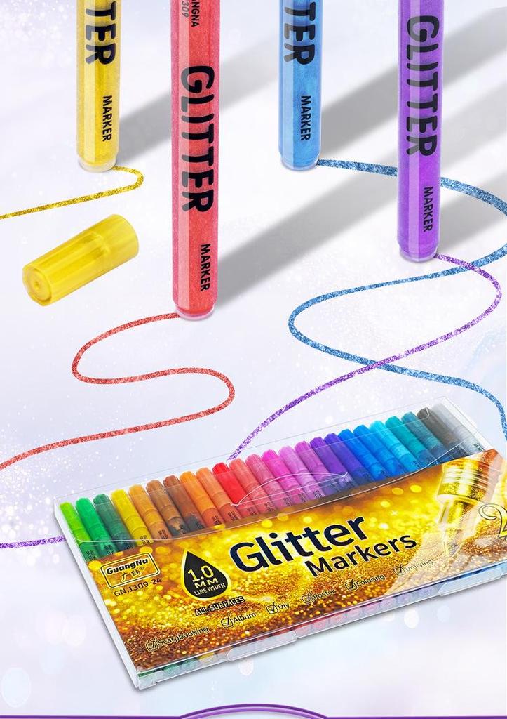 Set de 24 Feutres Acryliques Pailletés GuangNa® – Pointe Fine 1.0 mm